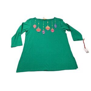 Ruby Rd. Womens Small Green Top With Christmas Ornaments Graphic 3/4 Sleeves NWT